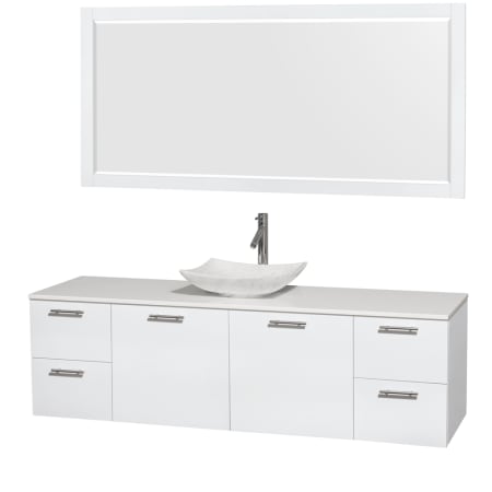 Glossy White Vanity with White Stone Top and Arista White Carrera Marble Sink