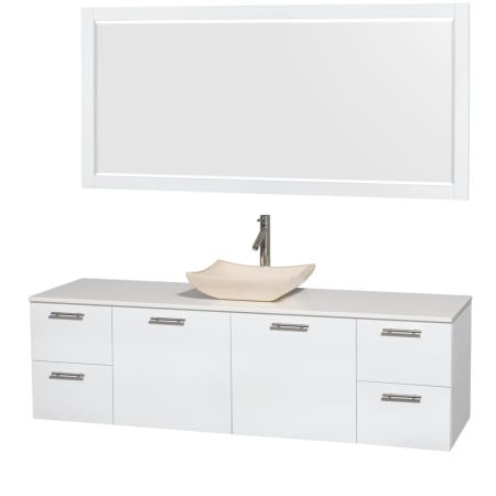 Glossy White Vanity with White Stone Top and Avalon Ivory Marble Sink