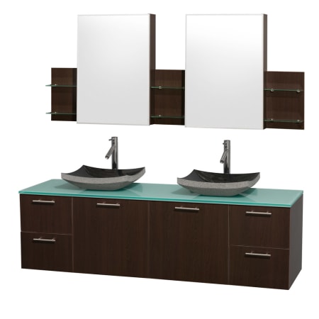 Espresso Vanity with Green Glass Top and Altair Black Granite Sinks