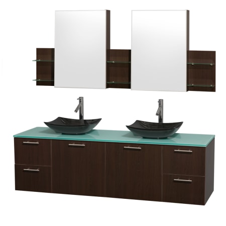 Espresso Vanity with Green Glass Top and Arista Black Granite Sinks