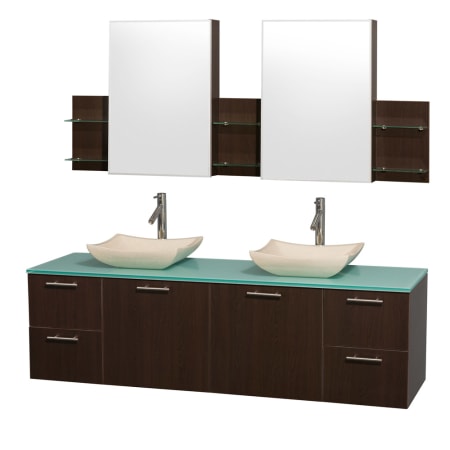 Espresso Vanity with Green Glass Top and Avalon Ivory Marble Sinks