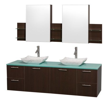 Espresso Vanity with Green Glass Top and Avalon White Carrera Marble Sinks