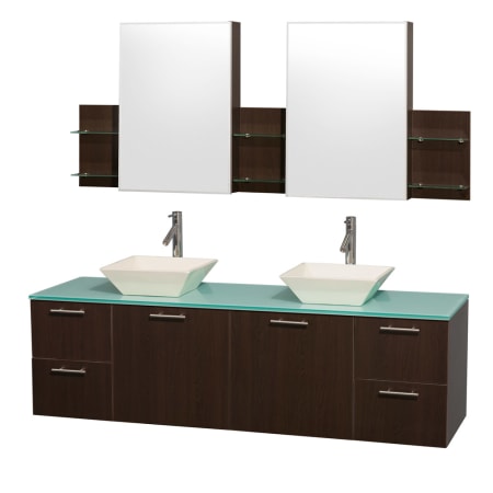 Espresso Vanity with Green Glass Top and Bone Porcelain Sinks