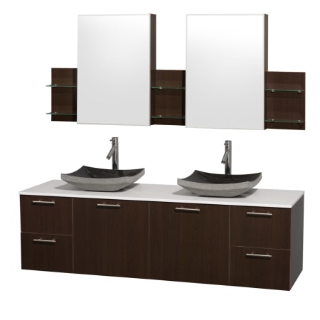 Espresso Vanity with White Stone Top and Altair Black Granite Sinks