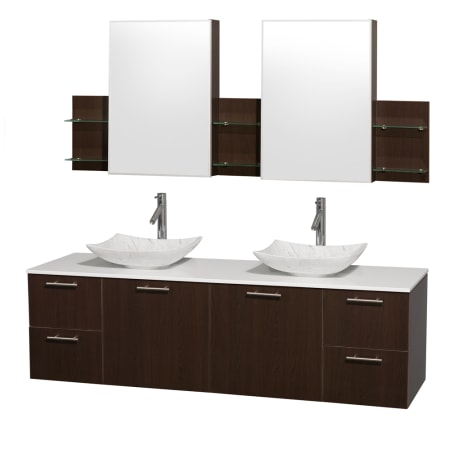 Espresso Vanity with White Stone Top and Arista White Carrera Marble Sinks