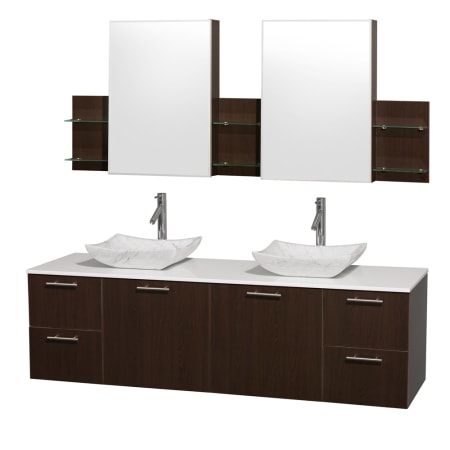 Espresso Vanity with White Stone Top and Avalon White Carrera Marble Sinks