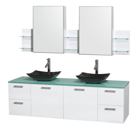 Glossy White Vanity with Green Glass Top and Arista Black Granite Sinks