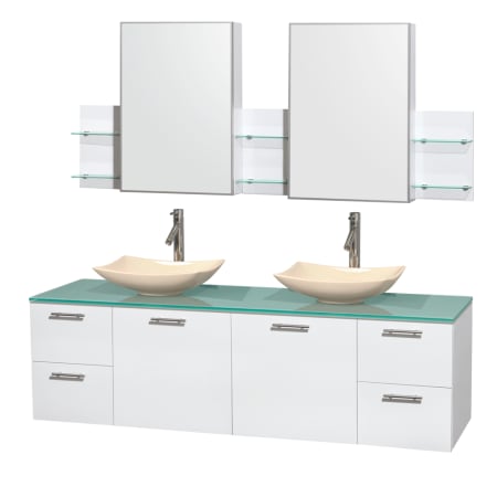 Glossy White Vanity with Green Glass Top and Arista Ivory Marble Sinks