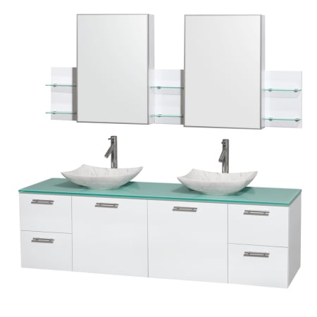 Glossy White Vanity with Green Glass Top and Arista White Carrera Marble Sinks