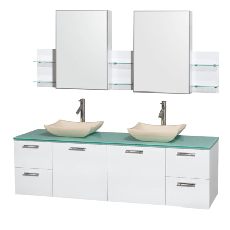 Glossy White Vanity with Green Glass Top and Avalon Ivory Marble Sinks