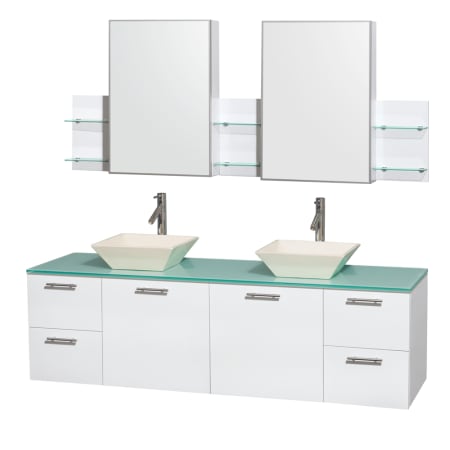 Glossy White Vanity with Green Glass Top and Bone Porcelain Sinks