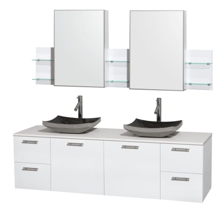 Glossy White Vanity with White Stone Top and Altair Black Granite Sinks