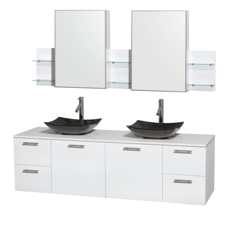 Glossy White Vanity with White Stone Top and Arista Black Granite Sinks