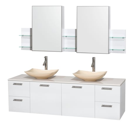 Glossy White Vanity with White Stone Top and Arista Ivory Marble Sinks