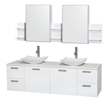 Glossy White Vanity with White Stone Top and Arista White Carrera Marble Sinks