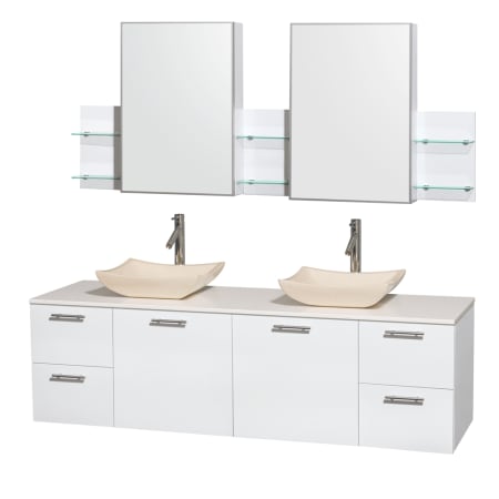 Glossy White Vanity with White Stone Top and Avalon Ivory Marble Sinks