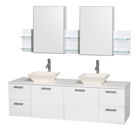 Glossy White Vanity with White Stone Top and Bone Porcelain Sinks