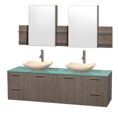 Grey Oak Vanity with Green Glass Top and Arista Ivory Marble Sinks