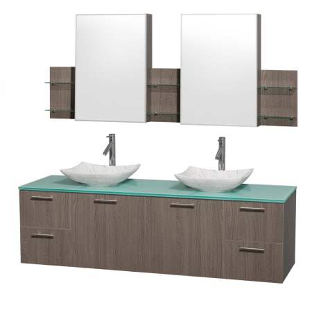 Grey Oak Vanity with Green Glass Top and Arista White Carrera Marble Sinks