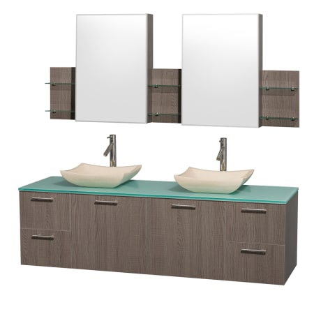 Grey Oak Vanity with Green Glass Top and Avalon Ivory Marble Sinks