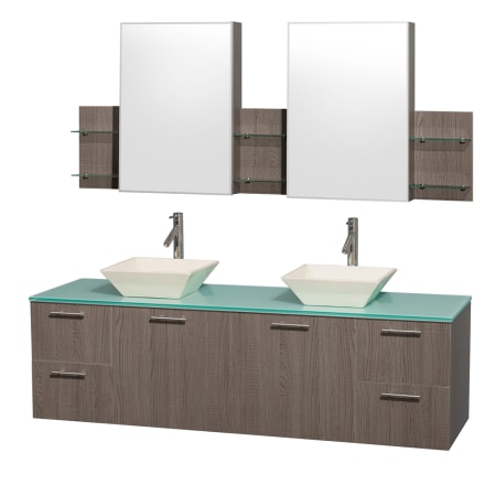 Grey Oak Vanity with Green Glass Top and Bone Porcelain Sinks