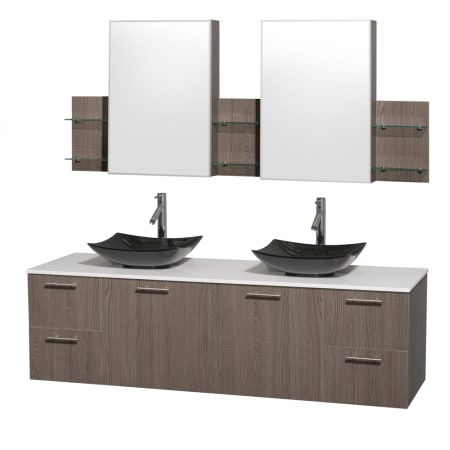 Grey Oak Vanity with White Stone Top and Arista Black Granite Sinks