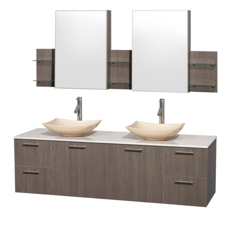 Grey Oak Vanity with White Stone Top and Arista Ivory Marble Sinks