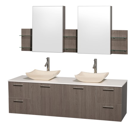 Grey Oak Vanity with White Stone Top and Avalon Ivory Marble Sinks