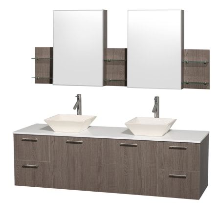 Grey Oak Vanity with White Stone Top and Bone Porcelain Sinks