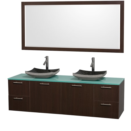 Espresso Vanity with Green Glass Top and Altair Black Granite Sinks