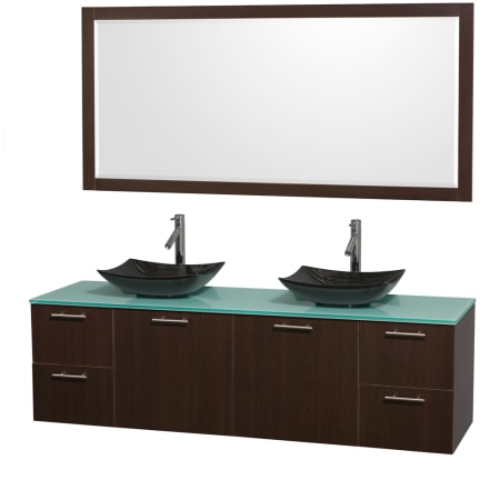 Espresso Vanity with Green Glass Top and Arista Black Granite Sinks