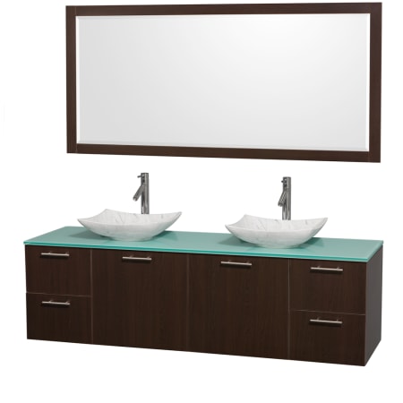 Espresso Vanity with Green Glass Top and Arista White Carrera Marble Sinks