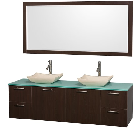 Espresso Vanity with Green Glass Top and Avalon Ivory Marble Sinks