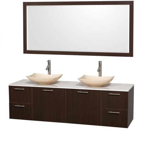 Espresso Vanity with White Stone Top and Arista Ivory Marble Sinks