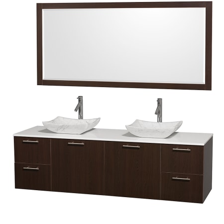 Espresso Vanity with White Stone Top and Avalon White Carrera Marble Sinks