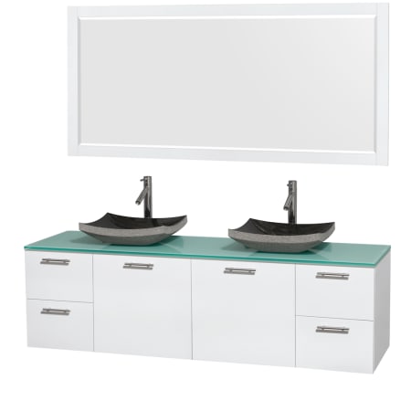 Glossy White Vanity with Green Glass Top and Altair Black Granite Sinks