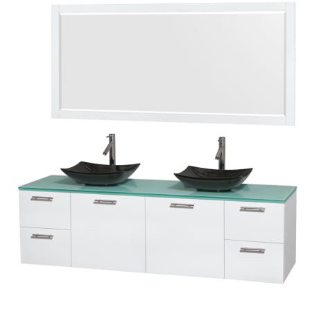 Glossy White Vanity with Green Glass Top and Arista Black Granite Sinks