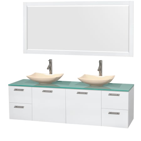 Glossy White Vanity with Green Glass Top and Arista Ivory Marble Sinks