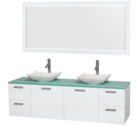 Glossy White Vanity with Green Glass Top and Arista White Carrera Marble Sinks