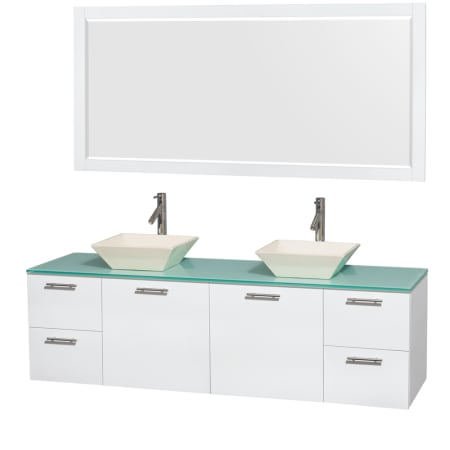 Glossy White Vanity with Green Glass Top and Bone Porcelain Sinks