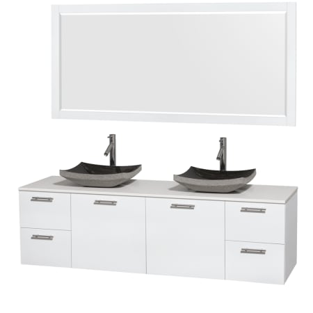 Glossy White Vanity with White Stone Top and Altair Black Granite Sinks