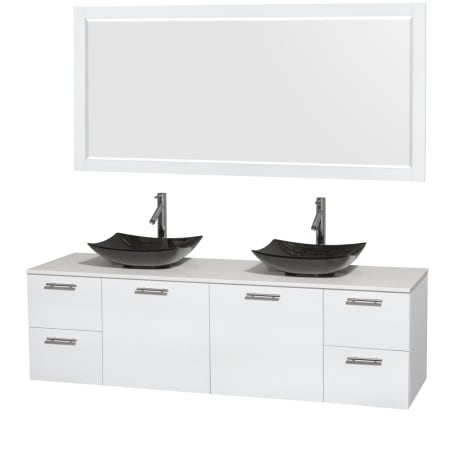 Glossy White Vanity with White Stone Top and Arista Black Granite Sinks