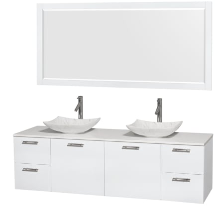 Glossy White Vanity with White Stone Top and Arista White Carrera Marble Sinks