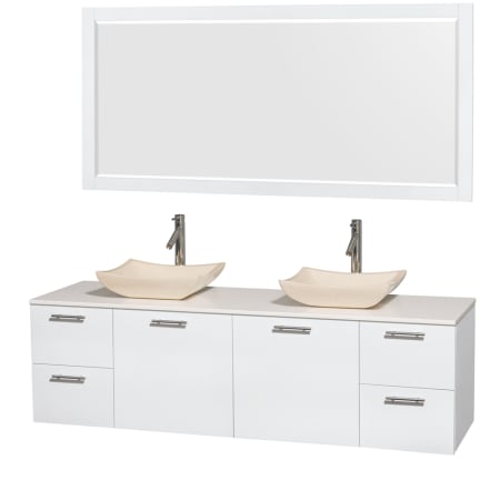 Glossy White Vanity with White Stone Top and Avalon Ivory Marble Sinks