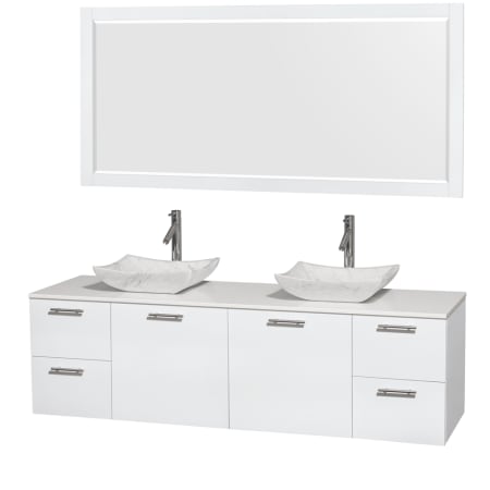 Glossy White Vanity with White Stone Top and Avalon White Carrera Marble Sinks