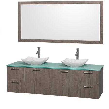 Grey Oak Vanity with Green Glass Top and Arista White Carrera Marble Sinks