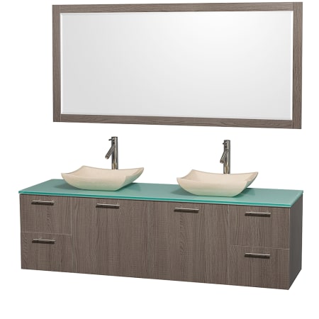 Grey Oak Vanity with Green Glass Top and Avalon Ivory Marble Sinks