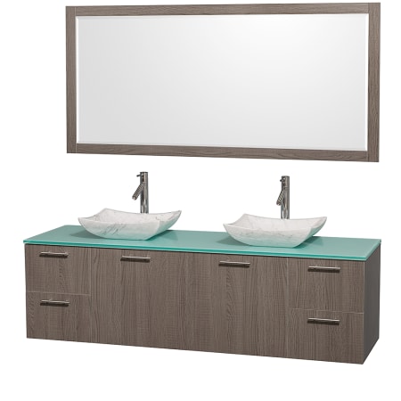 Grey Oak Vanity with Green Glass Top and Avalon White Carrera Marble Sinks