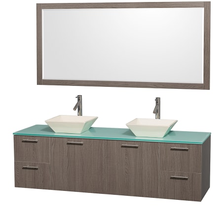 Grey Oak Vanity with Green Glass Top and Bone Porcelain Sinks