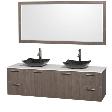 Grey Oak Vanity with White Stone Top and Arista Black Granite Sinks